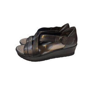 Earth Hibiscus Womens Black Leather Wedge Sandals Size 10B Adjustable Strap Comf